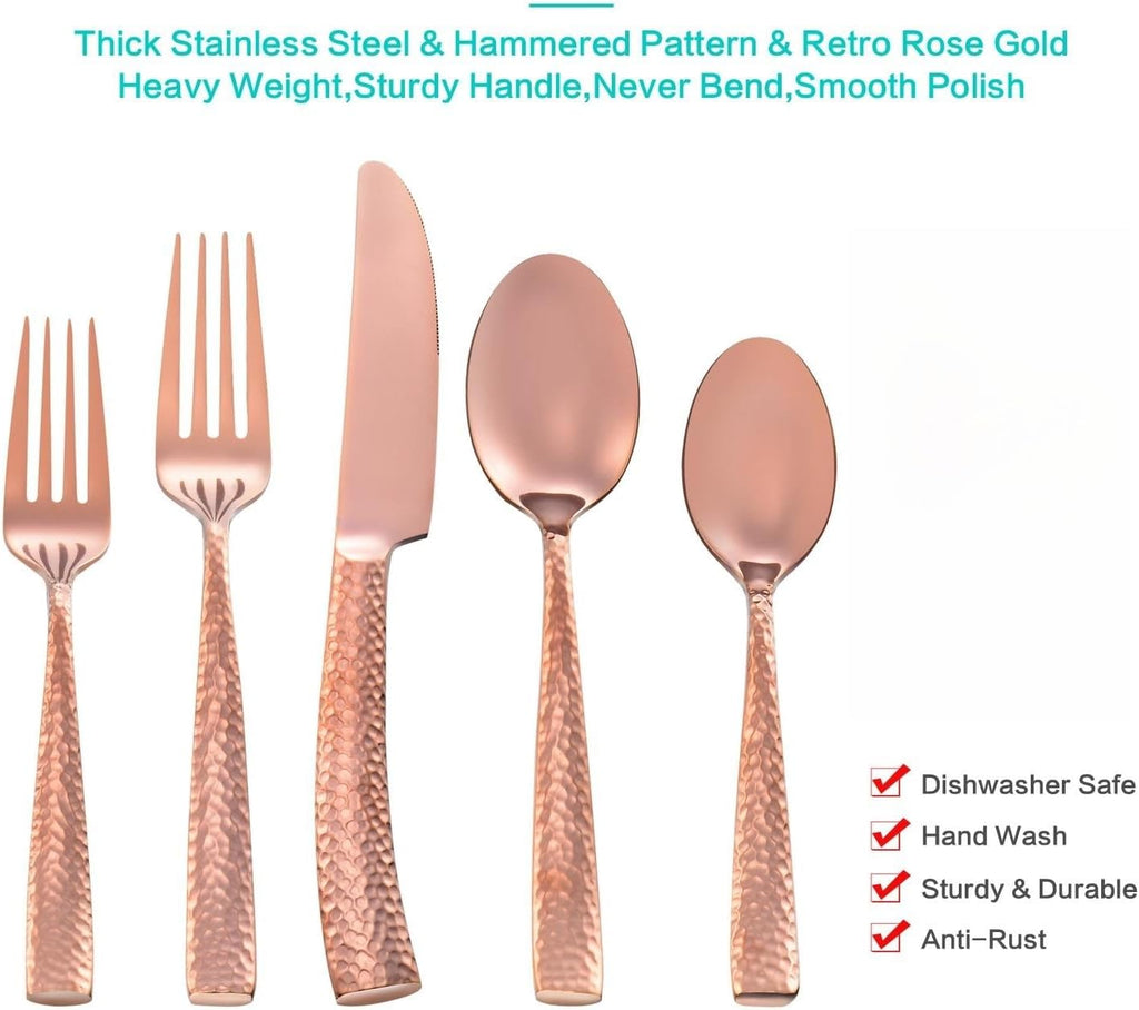 Silverware Rose Gold Hammered Heavy Flatware Set Cutlery Set Stainless Steel Mirror Finished Utensil 20 Pieces Spoons