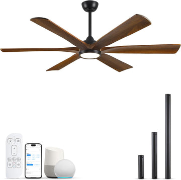72 Inch Smart Outdoor Ceiling Fan with Light, Alexa/Wifi/Remote Control, 6 Solid Wood Blades Damp Rated