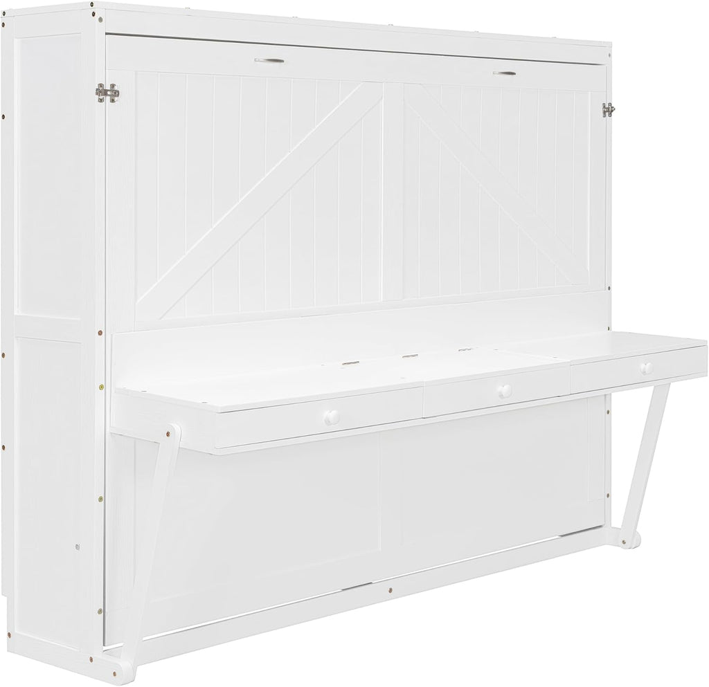 Queen Murphy Bed with Vanity Desk, Foldable Murphy Cabinet Bed with Center Mirror and 2 Side Storage Drawers, Wood