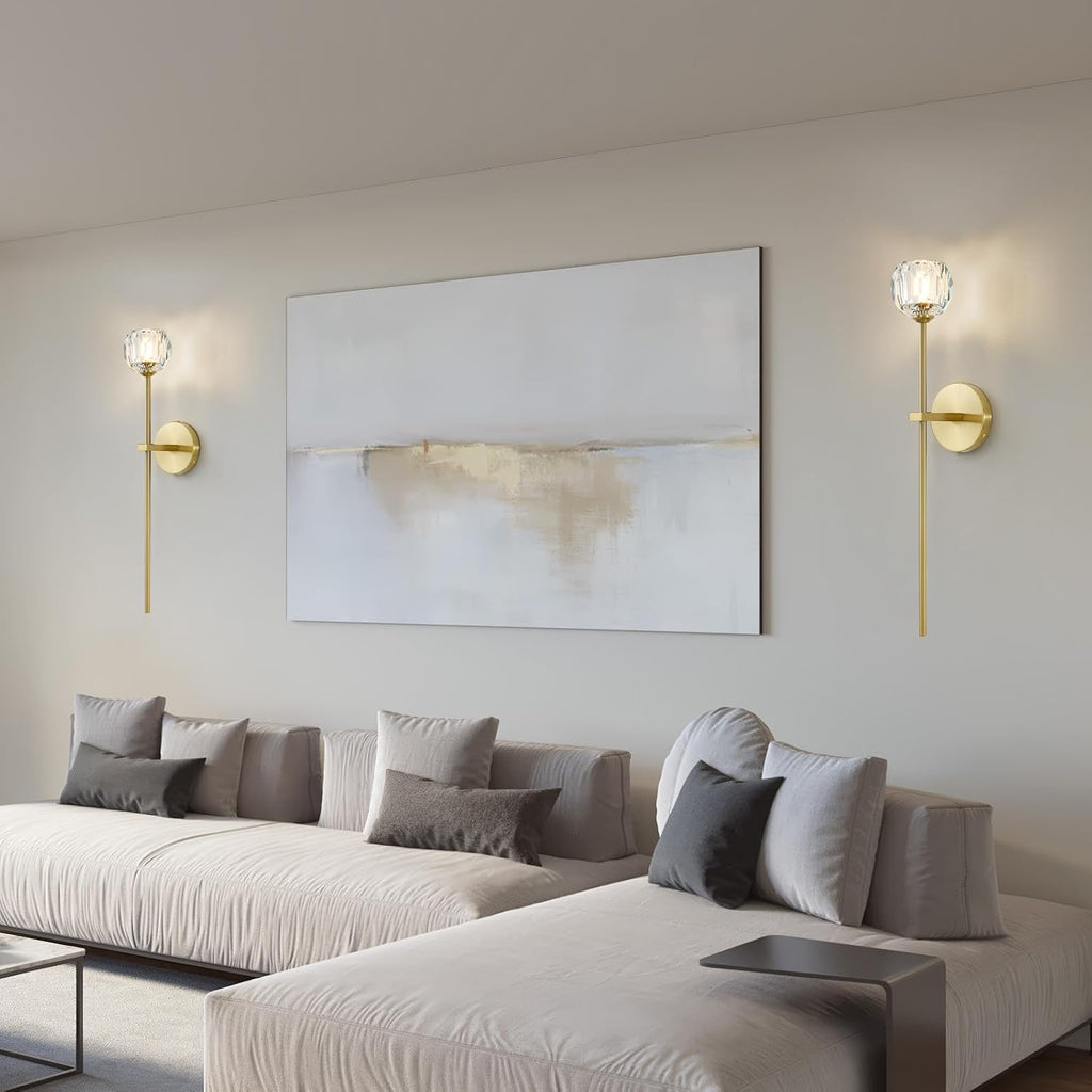 Gold Crystal Wall Sconces Set of Two with G9 Bulbs, Mid Century Modern Diamond Light Brass Vintage Long Lighting