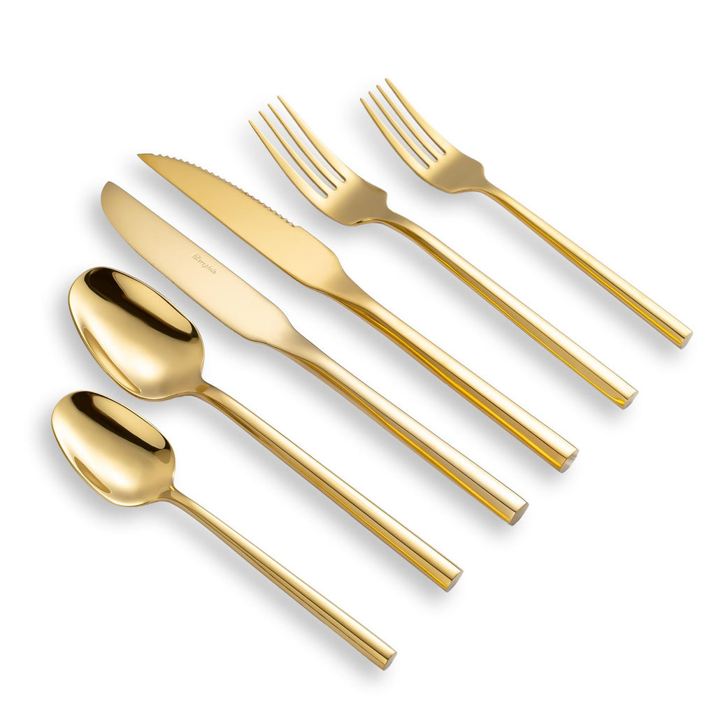 Gold Silverware Set with Steak Knives, Flatware Set with Hexagon Handle 24 Pieces 18/0 Stainless Steel Mirror