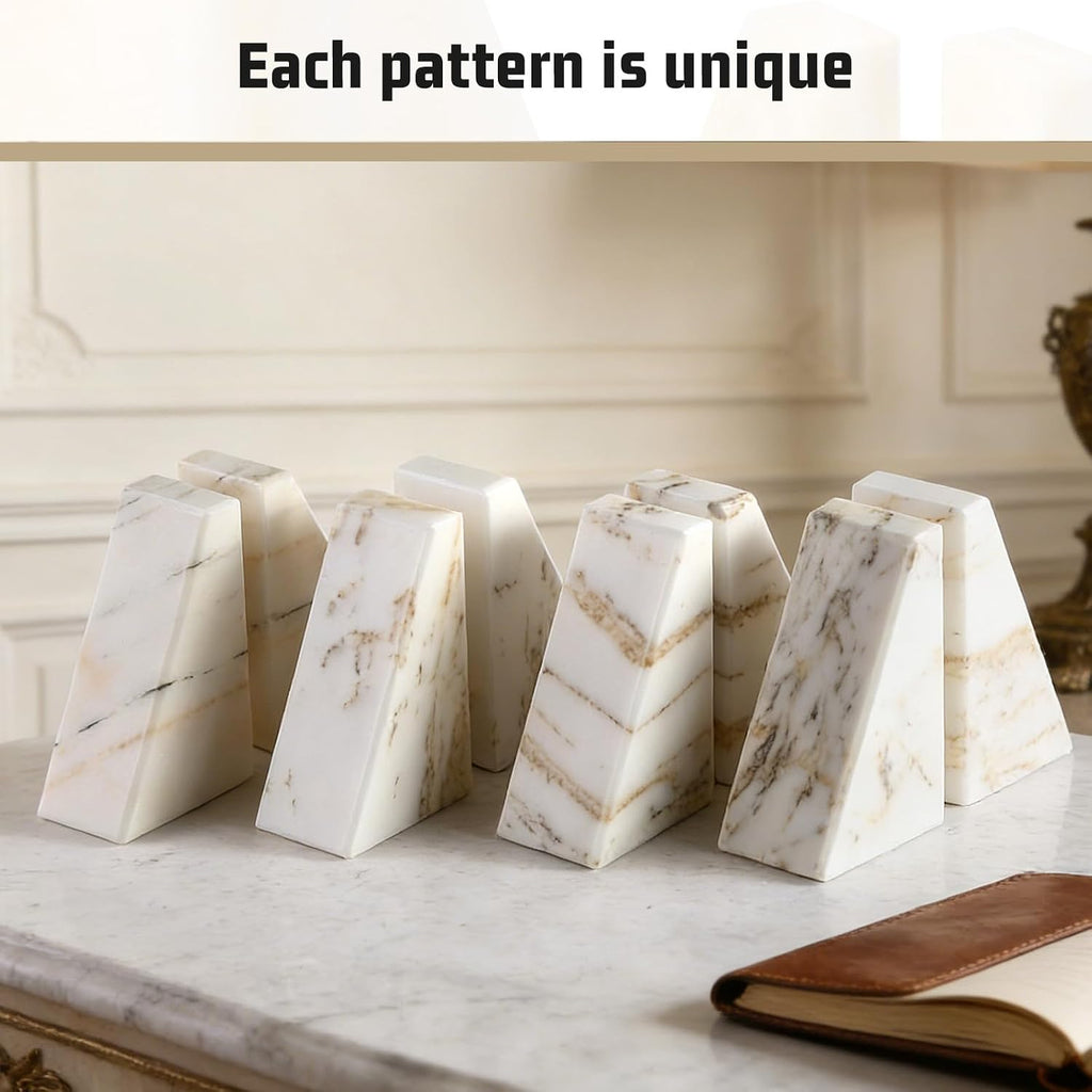 Marble Bookends for Heavy Books, Calacatta Decorative Book Ends for Shelves, Unique and Heavy Bookends for Hardback