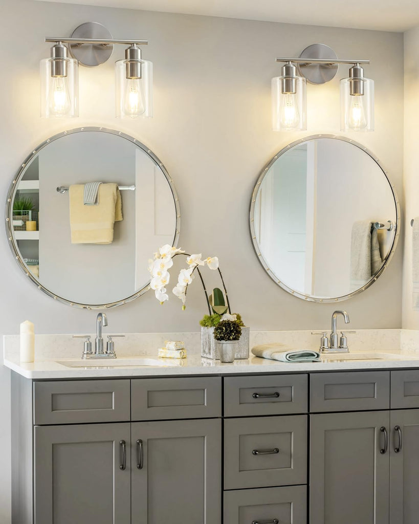 Bathroom Light Fixtures, 2-Light Brushed Nickel Vanity Lights, Modern Bathroom Lighting Fixtures Over Mirror with