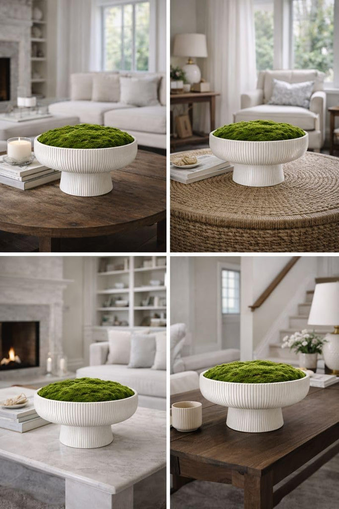 Fluted Pedestal Ceramic Moss Bowl | 11.75 Inch | Artificial Moss Centerpiece | Decorative Table Bowl