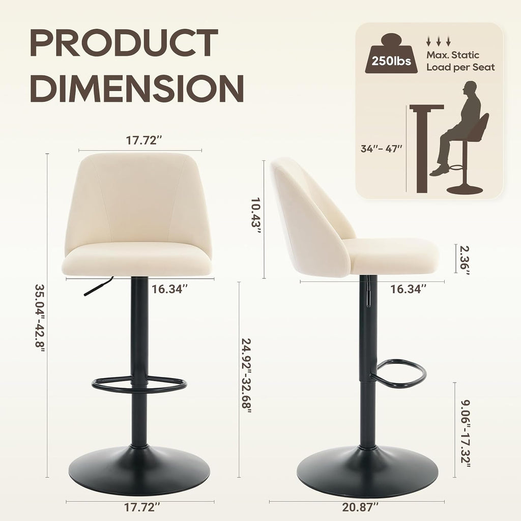 Adjustable Fabric Bar Stools,360° Modern Swivel Counter Height Chairs with Soft Cushioned Seat & Stable Metal Base