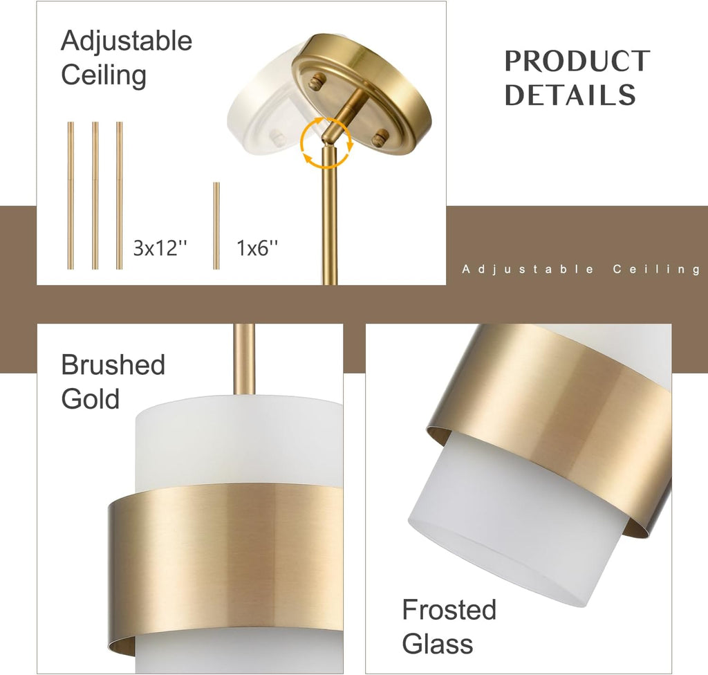 Modern Gold Mini Pendant Light with Frosted Cylinder Shade | E26 Adjustable Hanging Rod, Dimmable Compatible Indoor