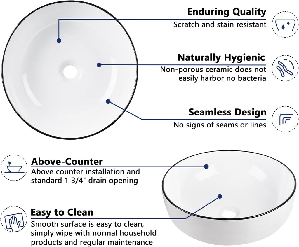 16'' Round Vessel Sink, Bathroom Sinks Above Counter White Ceramic Bathroom Vessel Sinks