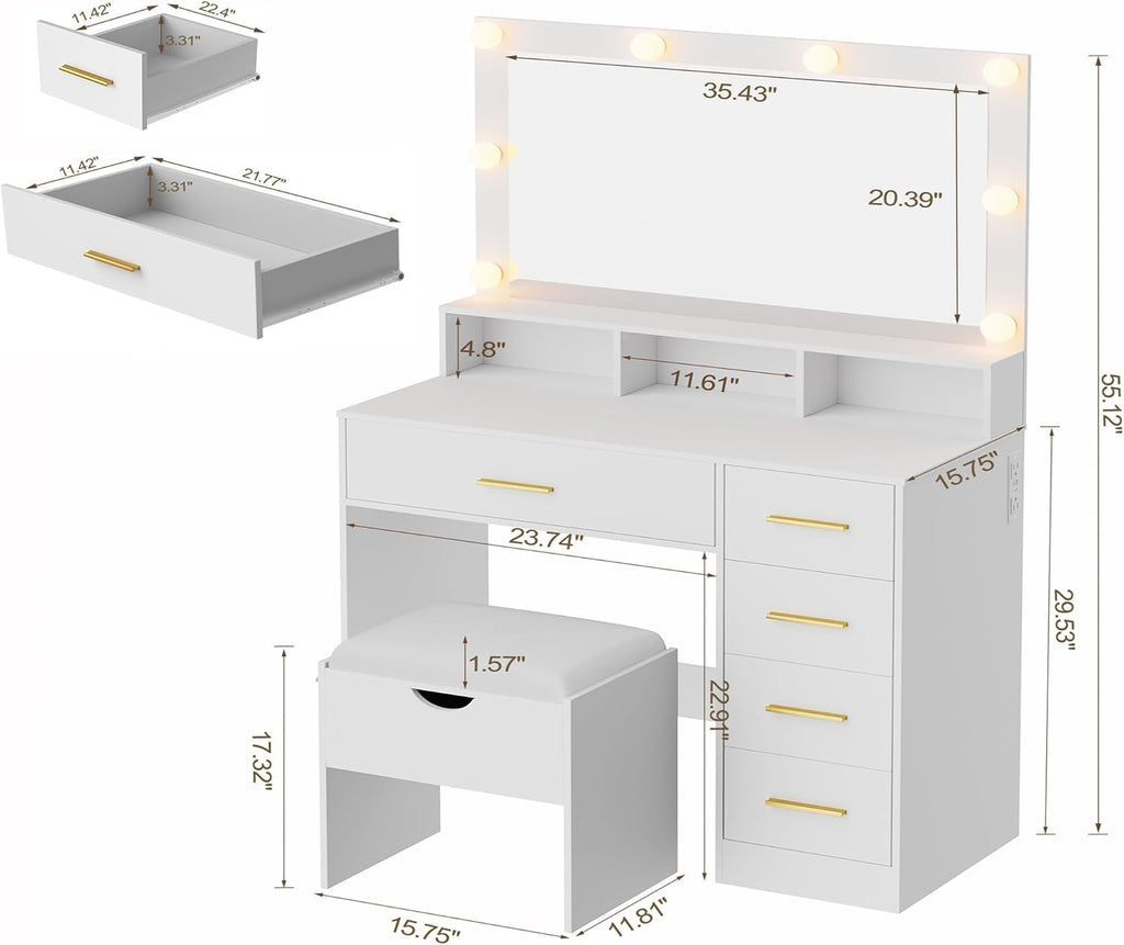 Vanity Desk with Mirror and Lights, 35.43" Large Mirror Makeup Table with Stool, 5 Drawers Dressing Table for Girls