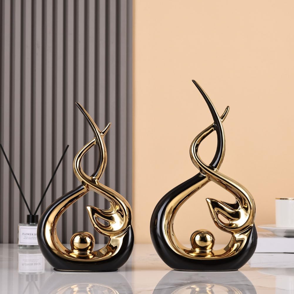 Home Decor Modern Abstract Art Ceramic Statue - Black and Gld Ceramic Sculpture, Dining Table Centerpiece Decor