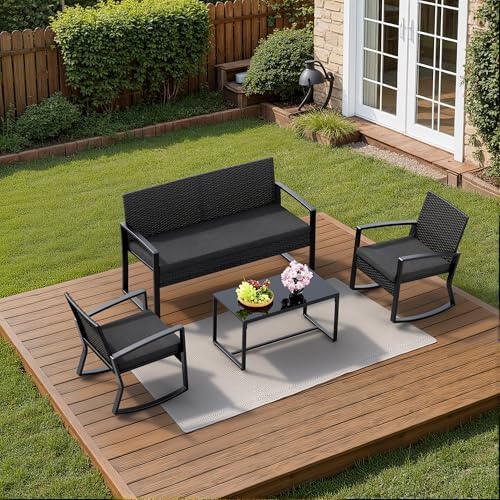 4-Piece Wicker Outdoor Patio Furniture Set - Rocking | Black for Patio, Garden & Porch