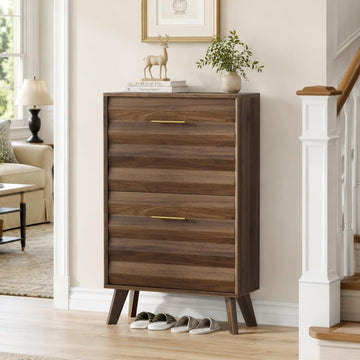 Slim Flip-Top Shoe Cabinet, Mid-Century Modern, 23.6in | Dual Tilt-Out Doors, Open Top Shelf, Angled Solid Wood Legs