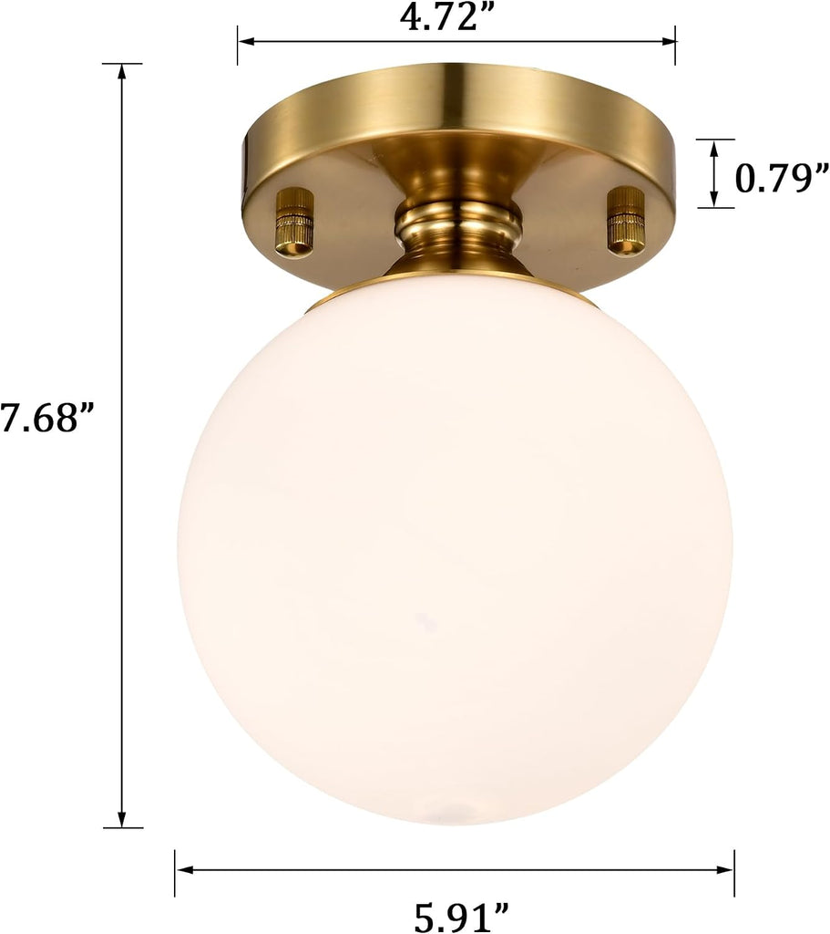 Gold Semi Flush Mount Ceiling Light 5.9" Globe Opal Glass Shade | Mid-Century Modern Hallway Light Fixture Closet