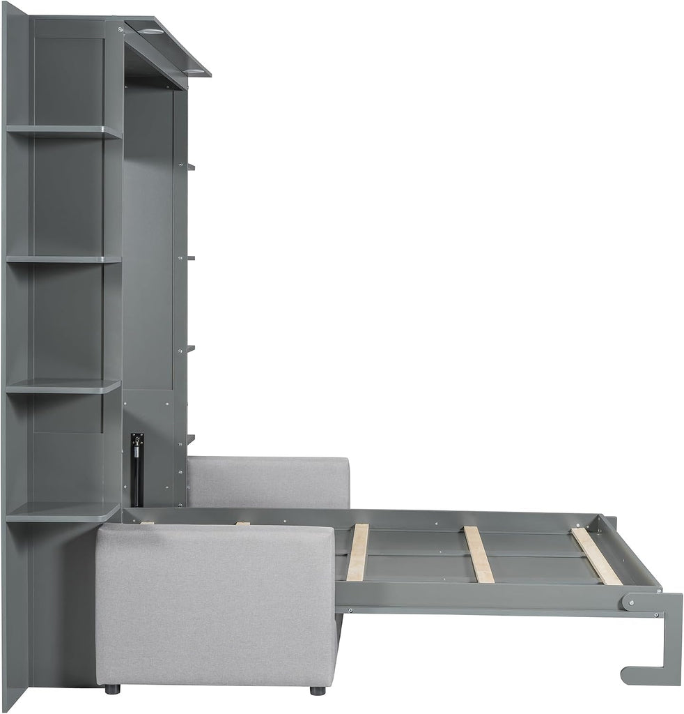 Murphy Bed, Queen Wooden Wall Bed with Sofa for Bedroom, Wood Slat Support, No Box Spring Needed, Easy Assembly, Grey