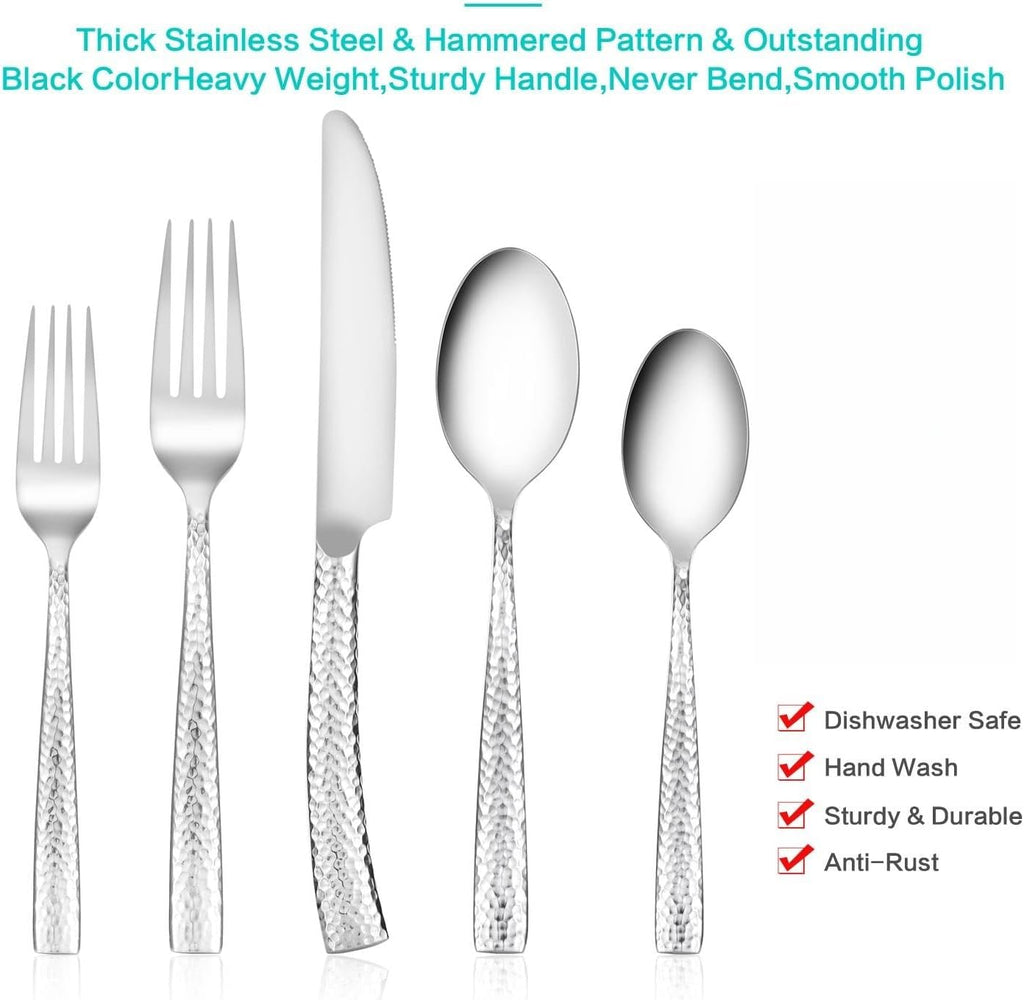 Flatware Silverware Set Hammered Mirror Polished Stainless Steel 20-Piece Set