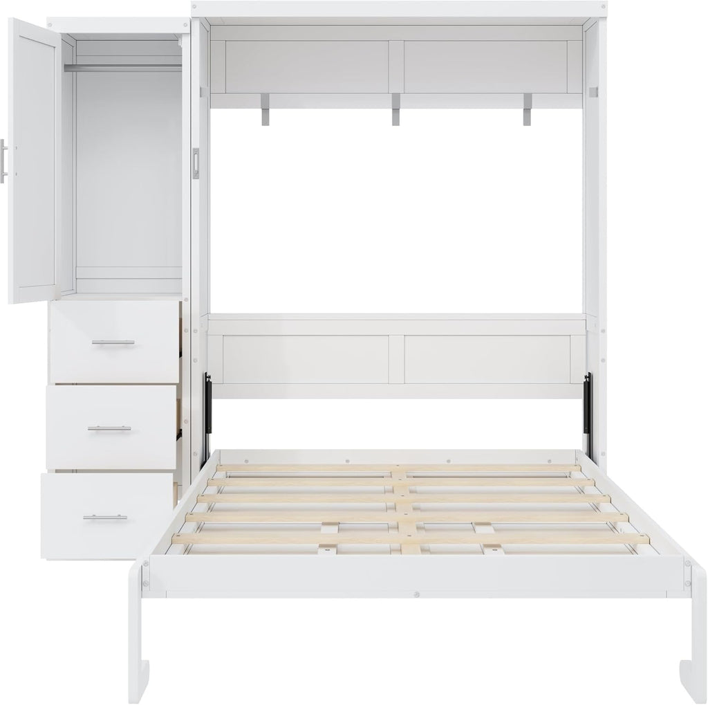 Full Murphy Bed with Storage, Wood Hideaway Wall Bed Frame with 3 Drawers & Wardrobe, Space-Saving Murphy Bed Cabinet