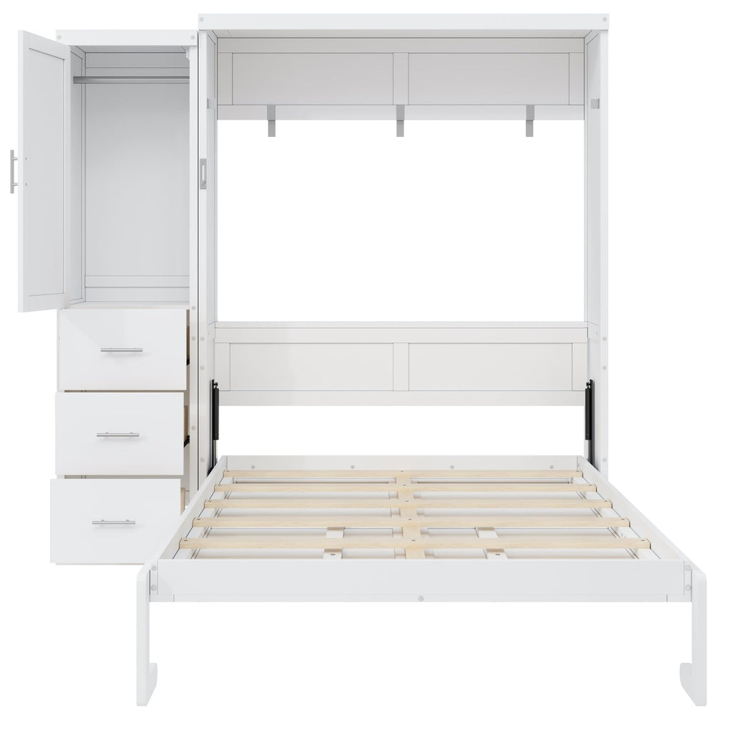 Full Murphy Bed with Storage Cabinet, Foldable Space-Saving Wood Wall Bed Frame with Wardrobe and 3 Drawers, Hidden