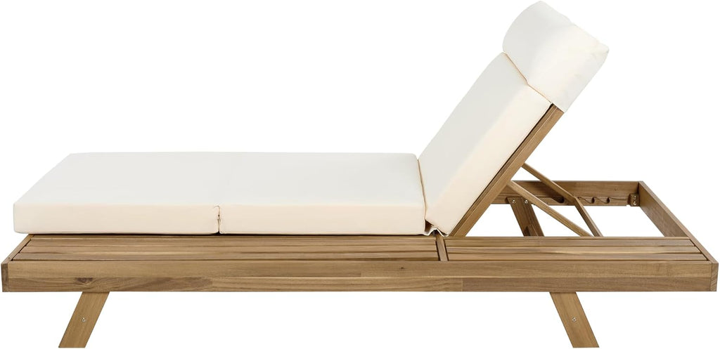 Chaise Lounge Chair Outdoor with 4'' Foldable Cushion, Acacia Wood Poolside Sun Lounger, Space Available On One