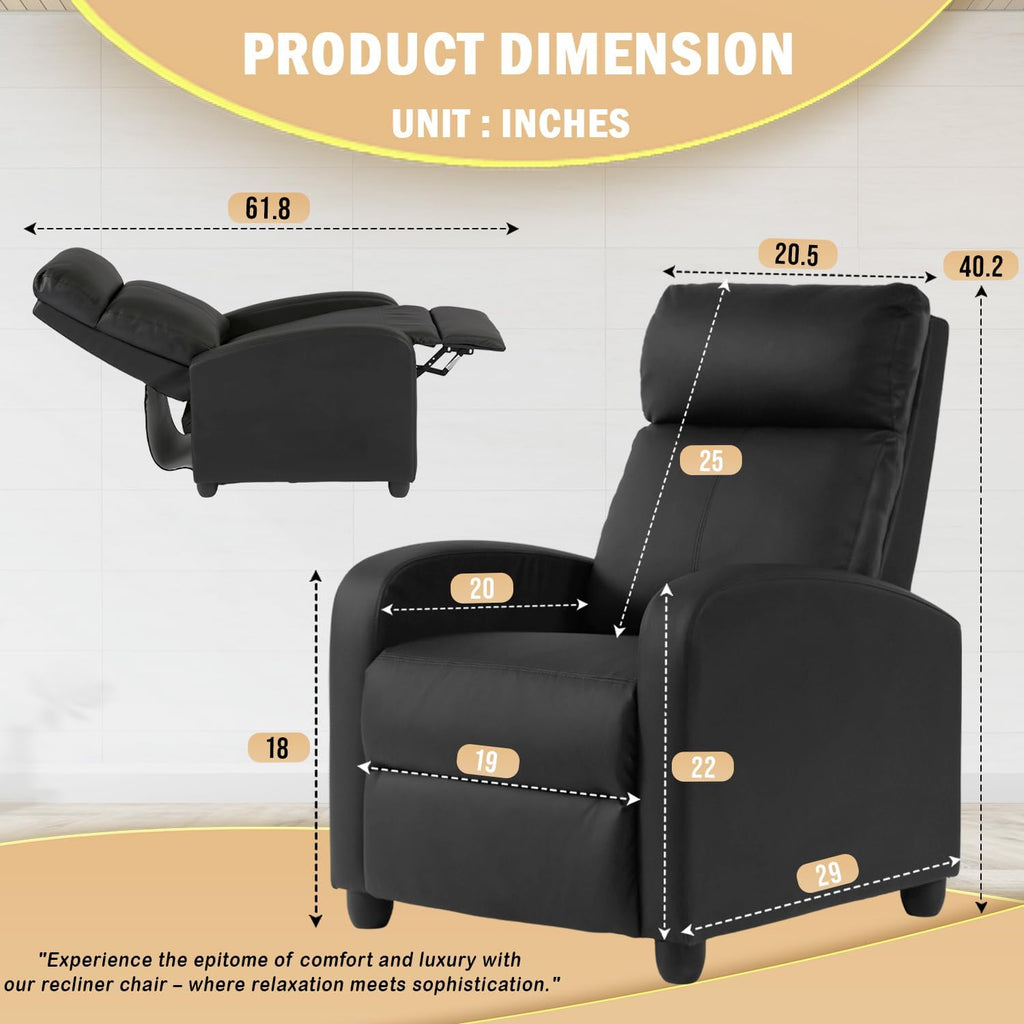 Recliner Chair Single Reclining Sofa Home Theater Seating with Lumbar Support and Padded Backrest for Living Room and Bedroom (Leather, Black)