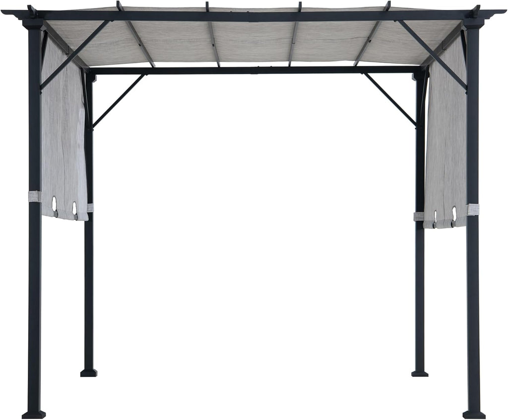 9 x 9 ft. Pergola, Outdoor Patio Matte Black Steel Classic Frame Pergola with Retractable White Canopy Shade for Backyard, Garden Activities, Light Gray
