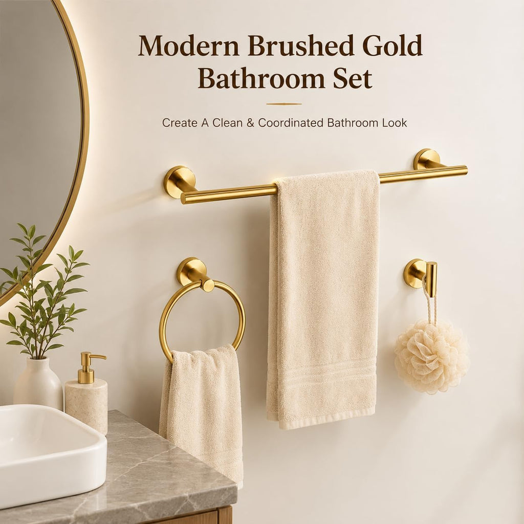 Brushed Gold Bathroom Hardware Set 5 Piece with Towel Racks , SUS304 Stainless Steel Bath Towel Bar Set, 24 Inch Wall