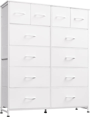 12 Drawer Tall White Fabric Dresser Bedroom Storage Chest | White tall 12-drawer fabric dresser with wood top