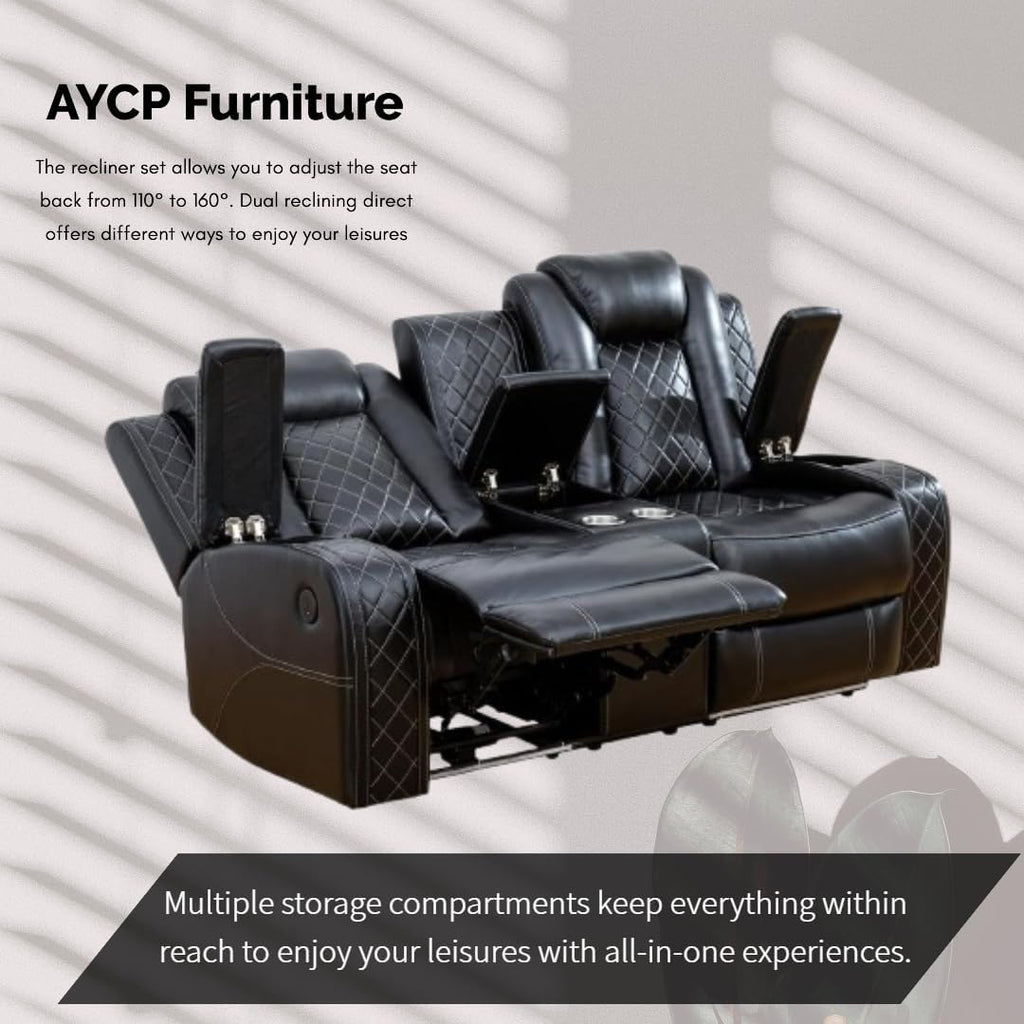 Power Recliner Set with LED Lights, Air Leather Reclining Set with USB Port/Wireless Charger/Storage Console/Cup