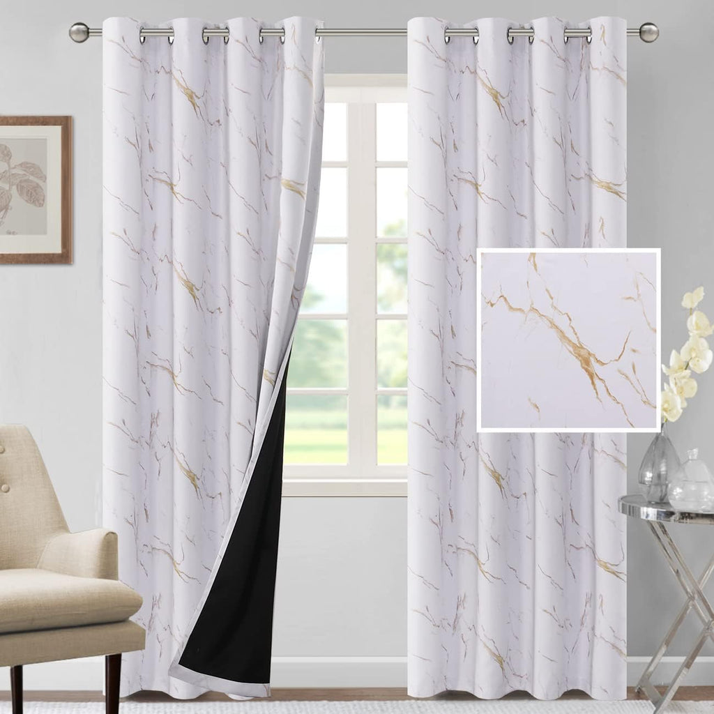 100% Blackout Curtains 2 Panels Set Marble Designs Printed Drapes Thermal Curtains for Bedroom