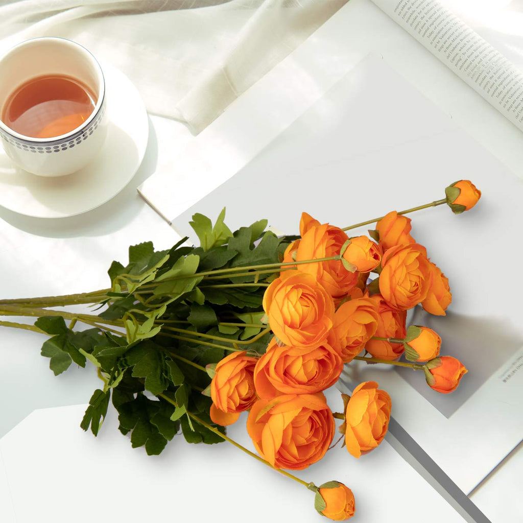 5 Stems Artificial Silk Ranunculus Flowers Orange 23" Tall, UV Resistant, Bendable Stems for Wedding Centerpieces, Home
