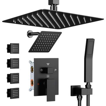 Shower Systems with Body Jets, 4 Way 12+6" Rainfall Shower Head with Handheld Spray Combo, Ceiling Mounted Shower
