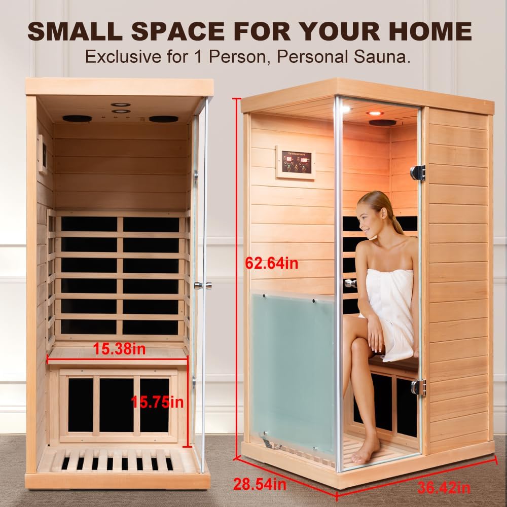 Small Sauna Far Infrared Saunas for Home 1 Person, 1060W, 6 Heating Panels, Hemlock Wooden Indoor Sauna Room with Tempered Glass, Left Door Opening, Blue-Tooth, LCD-Display Control