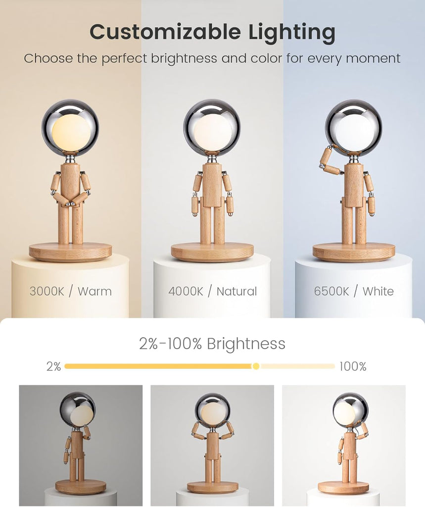 Rechargeable Cordless Desk Lamp, Creative Wooden Table Lamp with 3 Color &Stepless Dimming, Adjustable Pause Moon Lamp