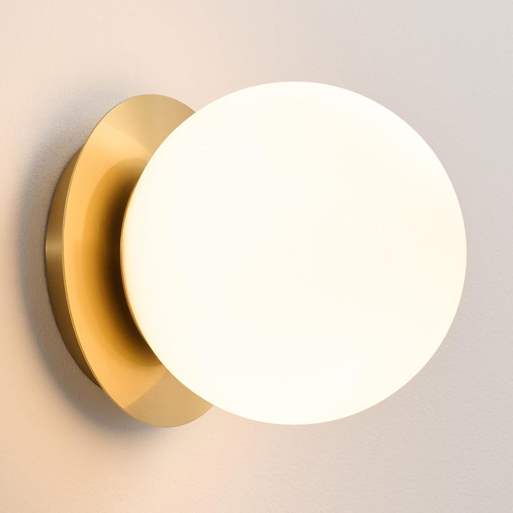 Modern Globe Brass Wall Sconce: 6" Gold Mid Century Modern Indoor Wall Mounted Lamp - Small Minimalist Frosted White
