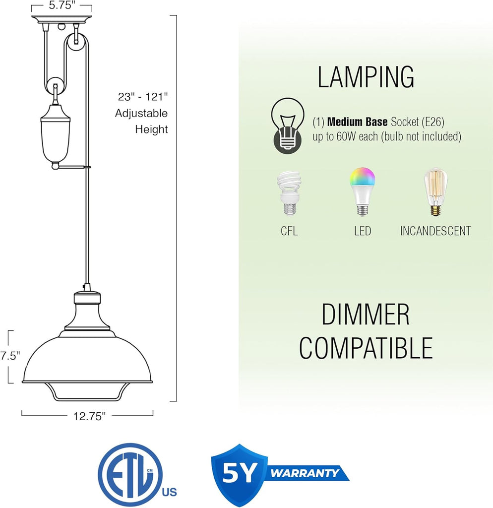 Sequoia 13" Large Industrial Pulley Pendant Light wtih Dome Shade and Counterweight