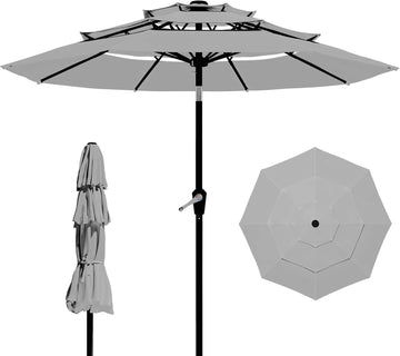 9FT 3 Tiers Patio Umbrella With Auto Tilt And Crank, Outdoor Table Market Umbrella with 8 Sturdy Ribs and Pool