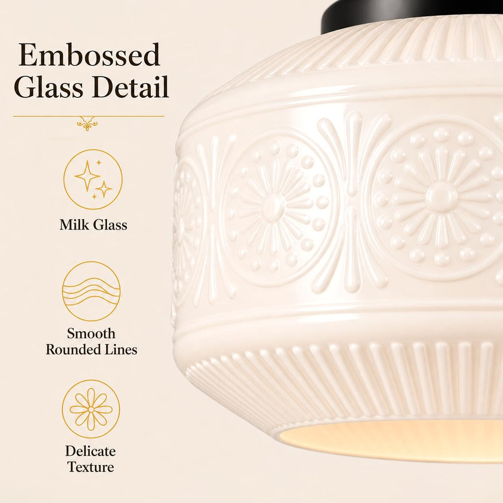 Black Semi Flush Mount Ceiling Light, Vintage Small Ceiling Light Fixture, Thickened White Glass Hallway Lighting