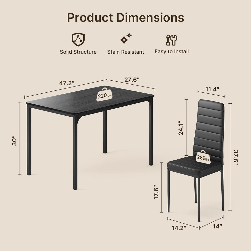 5-Piece Dining Table Set for 4, Kitchen Table with PU Chairs Black