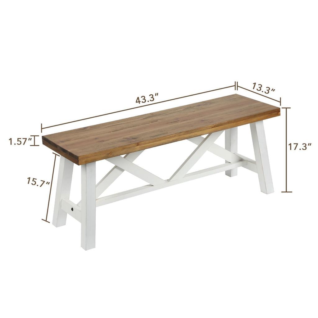 43" Farmhouse Solid Wood Bench, Rustic Entryway Bench, White