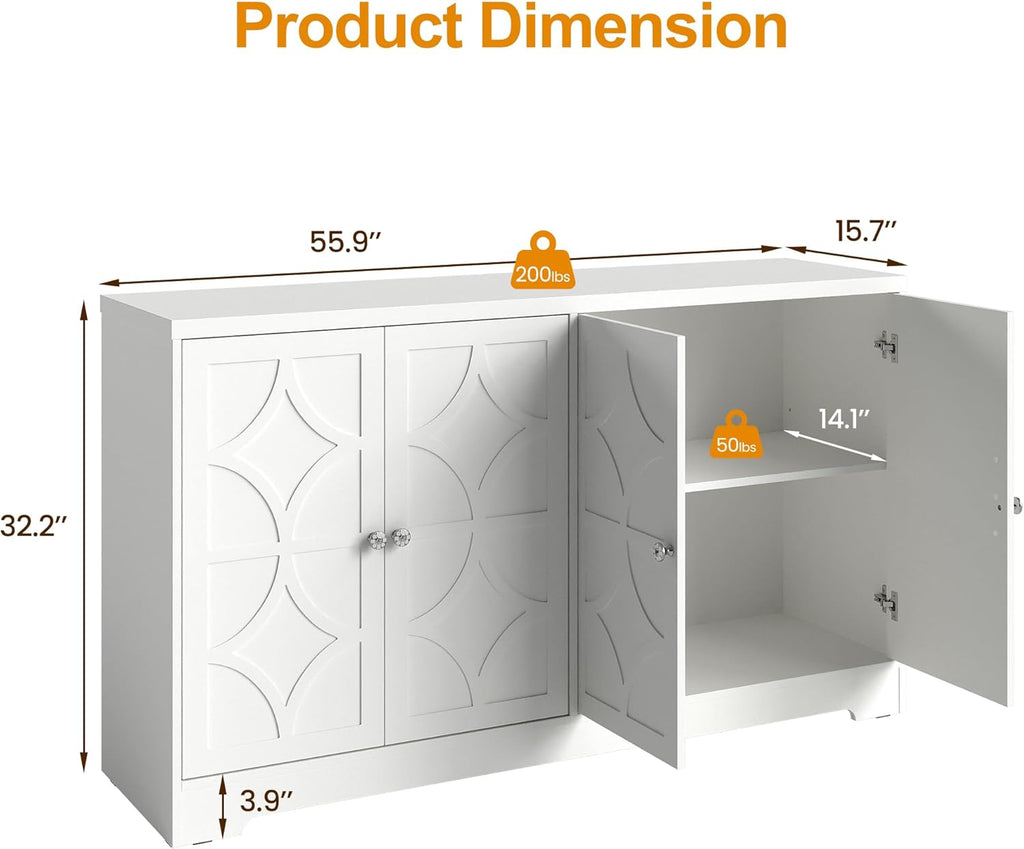 Sideboard Buffet Cabinet with Storage, 56" Modern Sideboard with 4 Carved Doors and Adjustable Shelves
