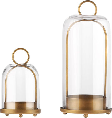 5" & 4" Wide Versatile Metal Candle Holder with Handmade Sturdy Glass Dome in Brass for Pillar Candle & Plants, 5.1"