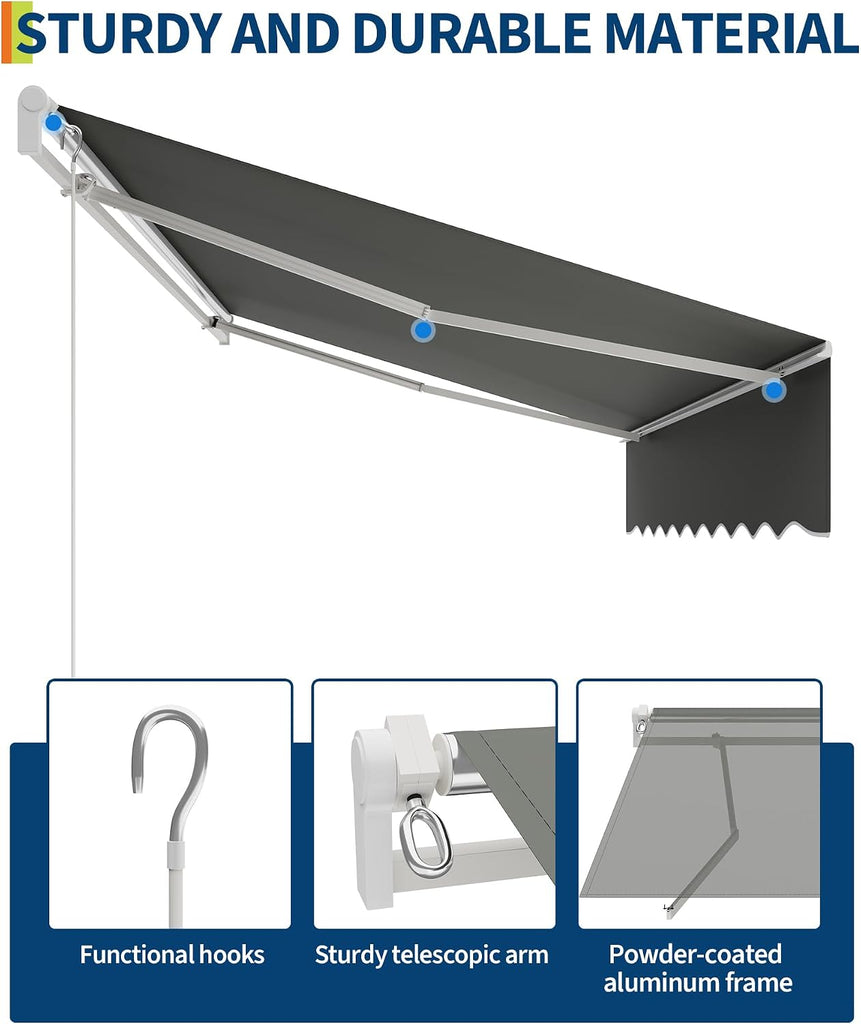 Manual Retractable Awning 10x8 ft Gray, 80 Sq.ft, Manual Crank, 5-35° Tilt, Waterproof UV50+ Deck