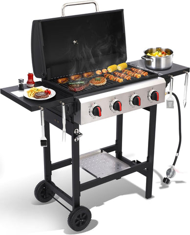 3-Burner Propane Gas Grill, 30,000 BTU Outdoor BBQ Grill with Cast Iron Grates, Stainless Steel Griddle Pan and Wheels
