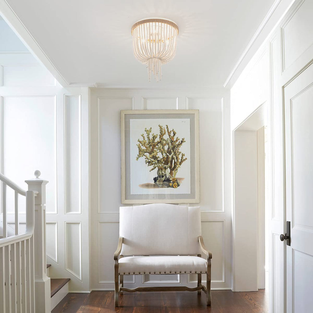 Wood Beaded Flush Mount Ceiling Light Bohemia Antique Rustic 3 Lights Mini Farmhouse Chandelier Kitchen Island Dining