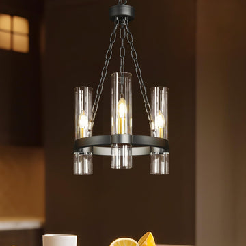 Inspired Ravelle Style 3-Light Compact Wagon Wheel Chandelier, 13.8 Inch Matte Black Kitchen Island Lighting with Clear Glass Shades Modern Farmhouse Entryway Pendant Light for Small Spaces