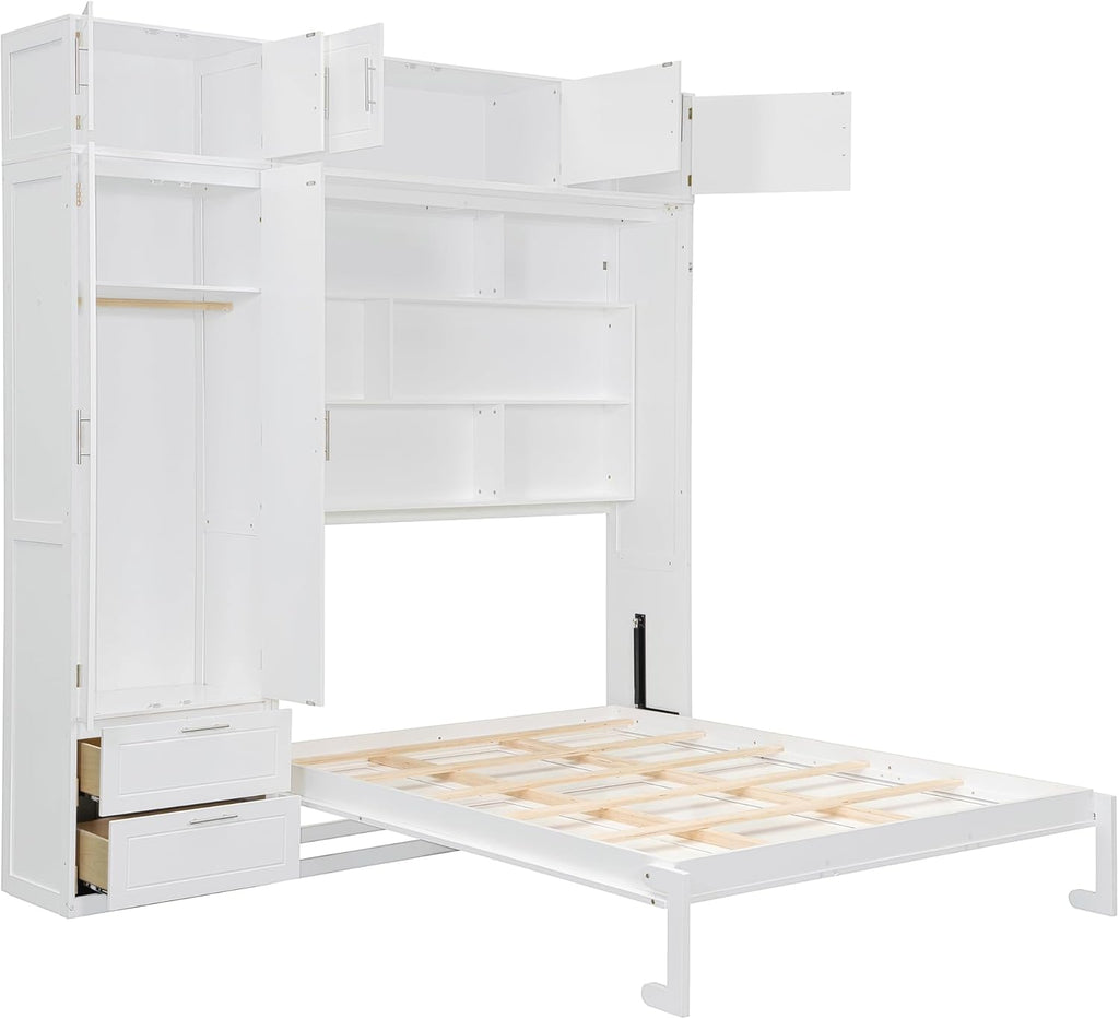 Queen Murphy Bed with Top Cabinet, Shelves and Wardrobe, Fold into The Wall, Space-Saving Design, Multifunctional