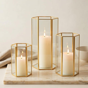 Glass Hurricane Candle Holder, Set of 3 Large Clear Hexagon Lanterns Pillar Candle Lantern with Gold Metal Frame