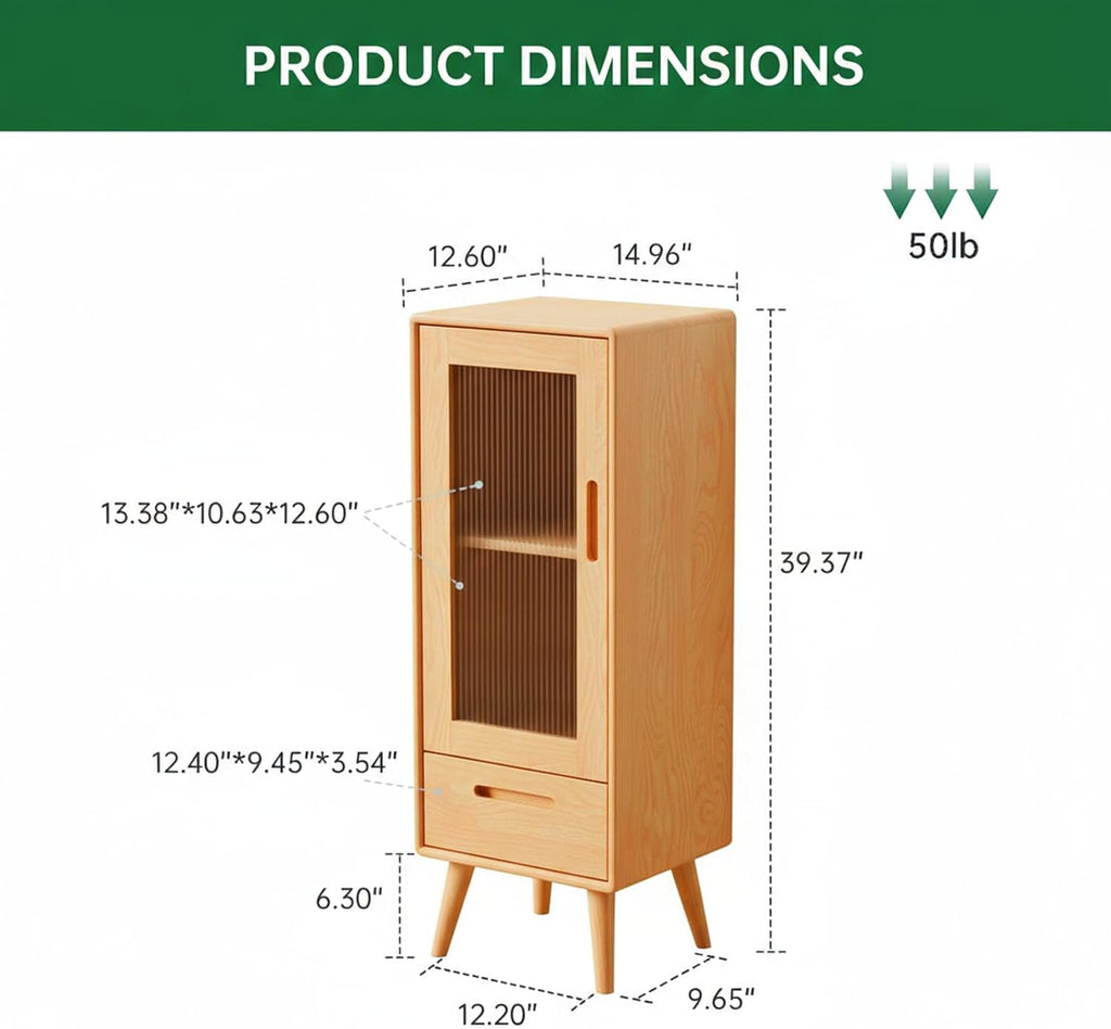 100% Solid Wood Small Storage Cabinet, Pantry Cabinets Storage with Shelves and Drawer, Accent Cabinet with Glass