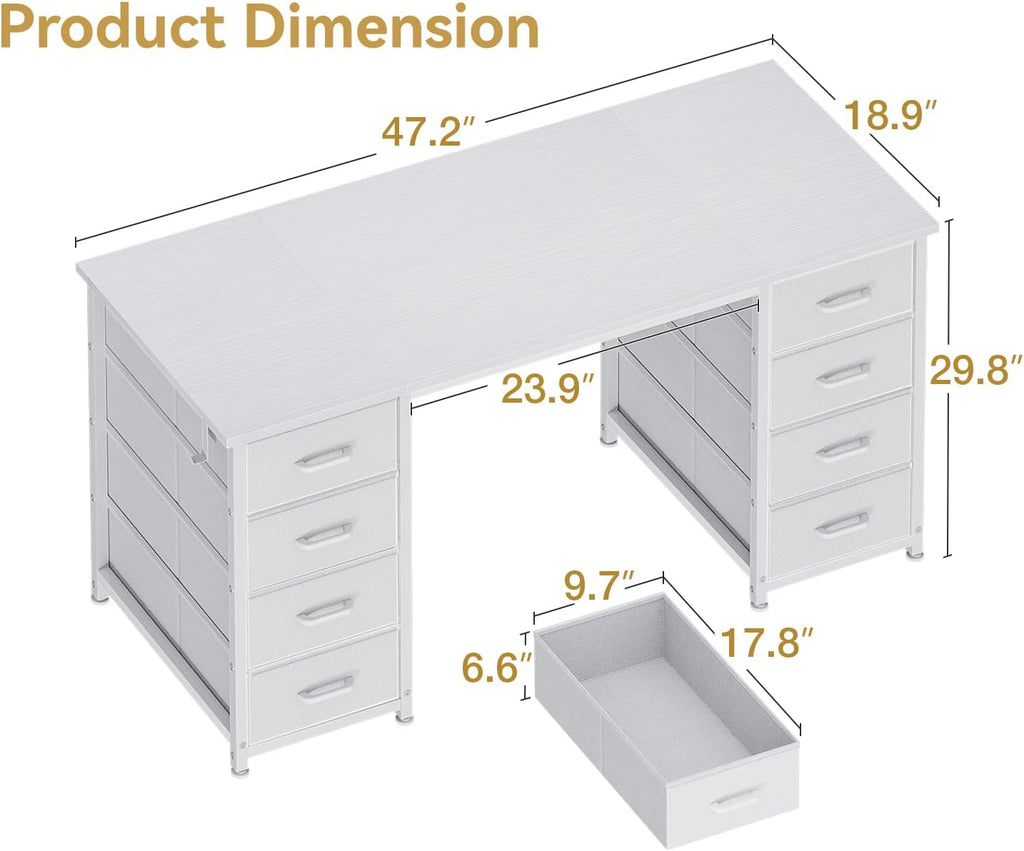 48 Inch White Computer Desk with 8 Fabric Drawers, Modern Office Desk with Large Storage, Study, Gaming, White