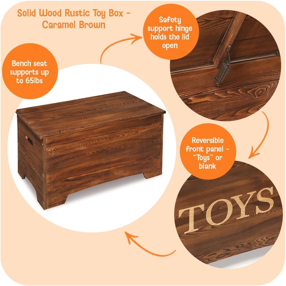 Basket Farmhouse Wooden Toy Box - Rustic Storage Chest for Kids with Reversible Toys Panel, Safety Hinge Lid, Front