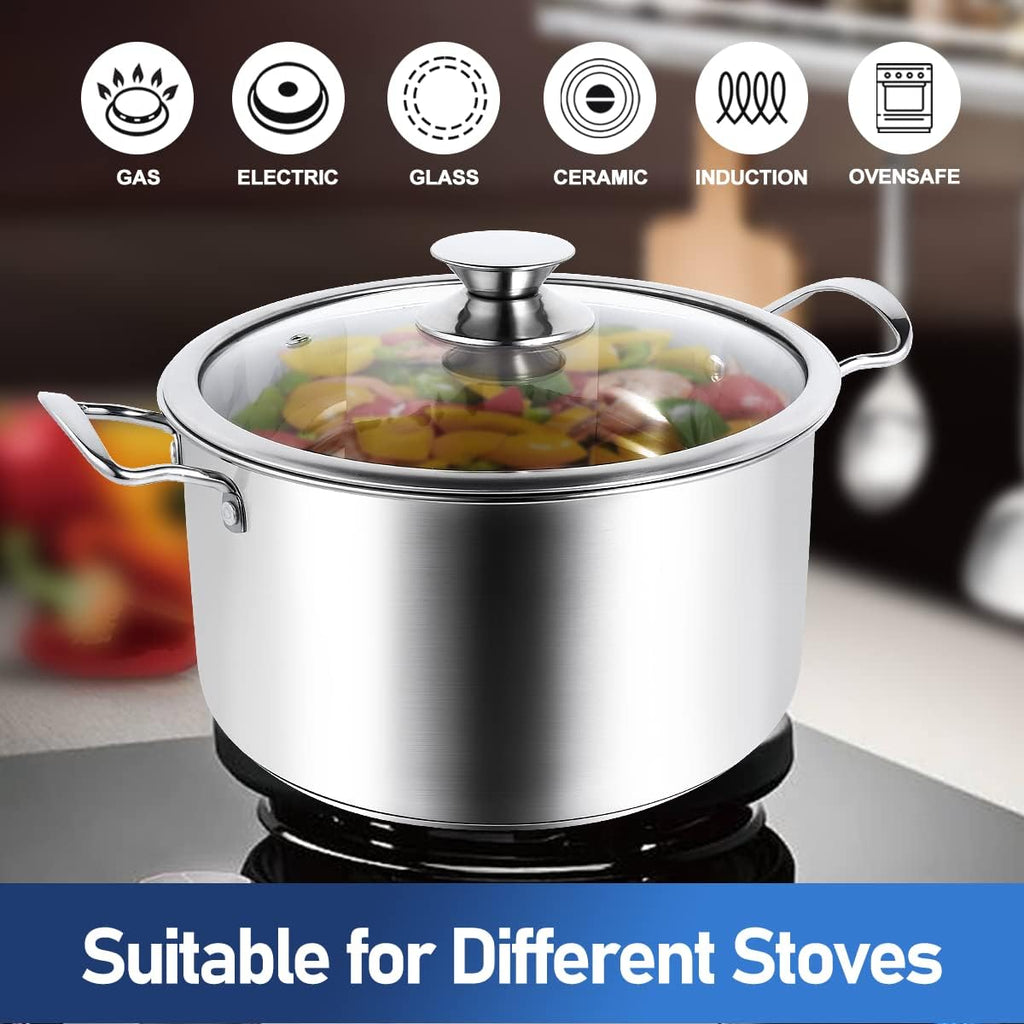 10-Piece Pots and Pans Set, Stainless Steel Cookware Set- Includes Ergonomic Handle Saucepans, Skillets, Dutch Oven