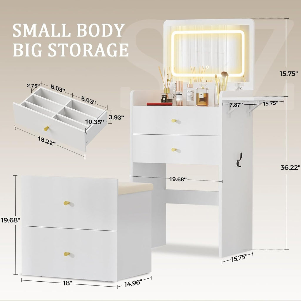Makeup Vanity Desk with Mirror and Lights, Small 3 in 1 Vanity Table with Visible Glass Top, Flip Top & 3 Drawers